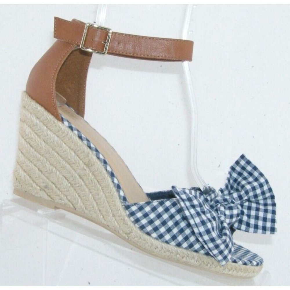 Old Navy Gingham print blue bow tie espadrille buckle ankle strap wedges 9